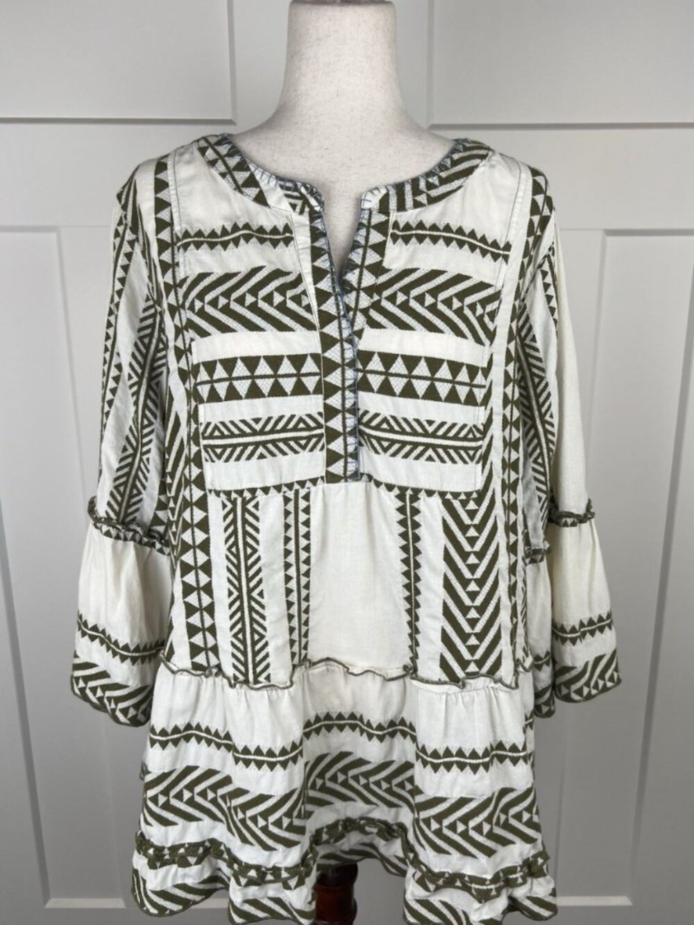 John Mark 1X Boho Tunic Top Cotton Olive Cream Geometric Print Bell Sleeves